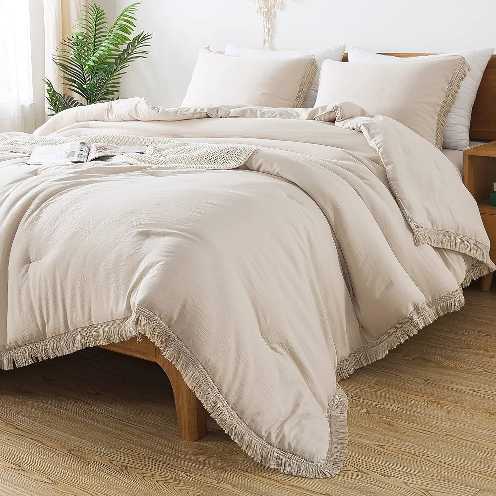 Andency Beige Tassel Comforter Set King(104x90Inch), 3 Pieces(1 Boho Comforter, 2 Pillowcases) Fa... | Amazon (US)