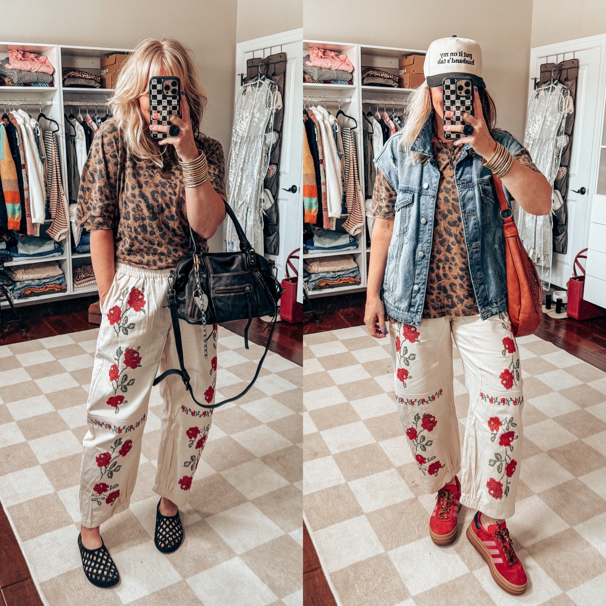 Here’s some more fun ways to wear these pants from Amazon! Love leopard with almost anything and they are cute with these pants! The first look is a perfect office casual look or teacher look. The second one is definitely a perfect cool mom look to run around in! 
Leopard tee - M
Pants - sized up to a L
Denim vest - M (was a jacket and cut the sleeves off) 
Jelly shoes - true to size 
Adidas - sized down 
🧢Hat - save with code MANDIE 


#LTKStyleTip #LTKFindsUnder50 #LTKOver40