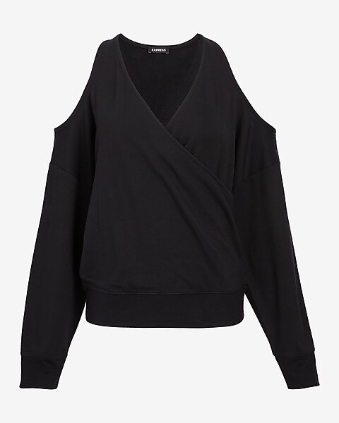 V-Neck Faux Wrap Open Shoulder Sweatshirt | Express
