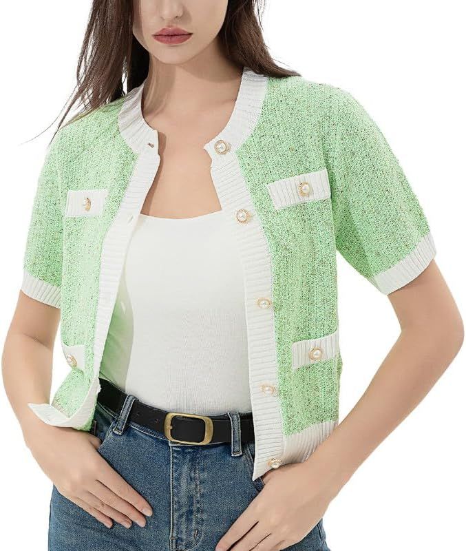 Women's Short Sleeve Button Down Cropped Cardigans Sweater Crew Neck Rib Elegant Knitted Tops | Amazon (US)