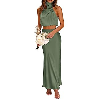 PRETTYGARDEN Women's 2 Piece Satin Outfits Summer Sleeveless Mock Neck Crop Tops and Long Skirt D... | Amazon (US)