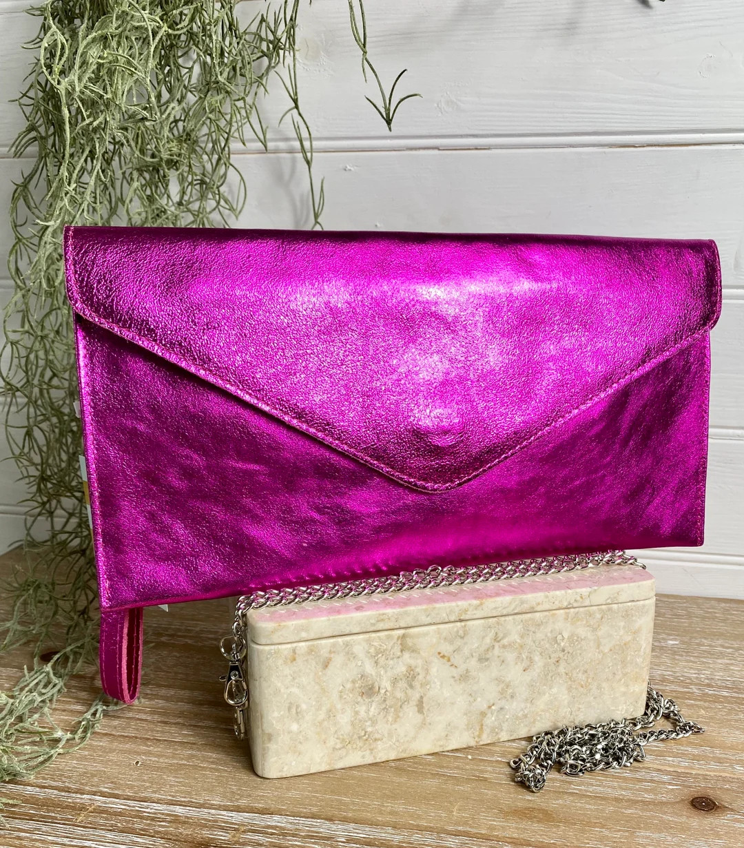 Metallic Leather Envelope Clutch: Hot Pink, Gold, Silver - Detachable Chain Strap and Wrist Strap... | Etsy (Global)