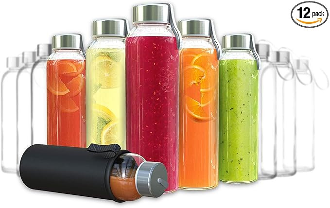 Chef's Star Glass Water Bottles - 12 Pack of Glass Bottles with Caps - 18 oz Juice Bottles- Prote... | Amazon (US)