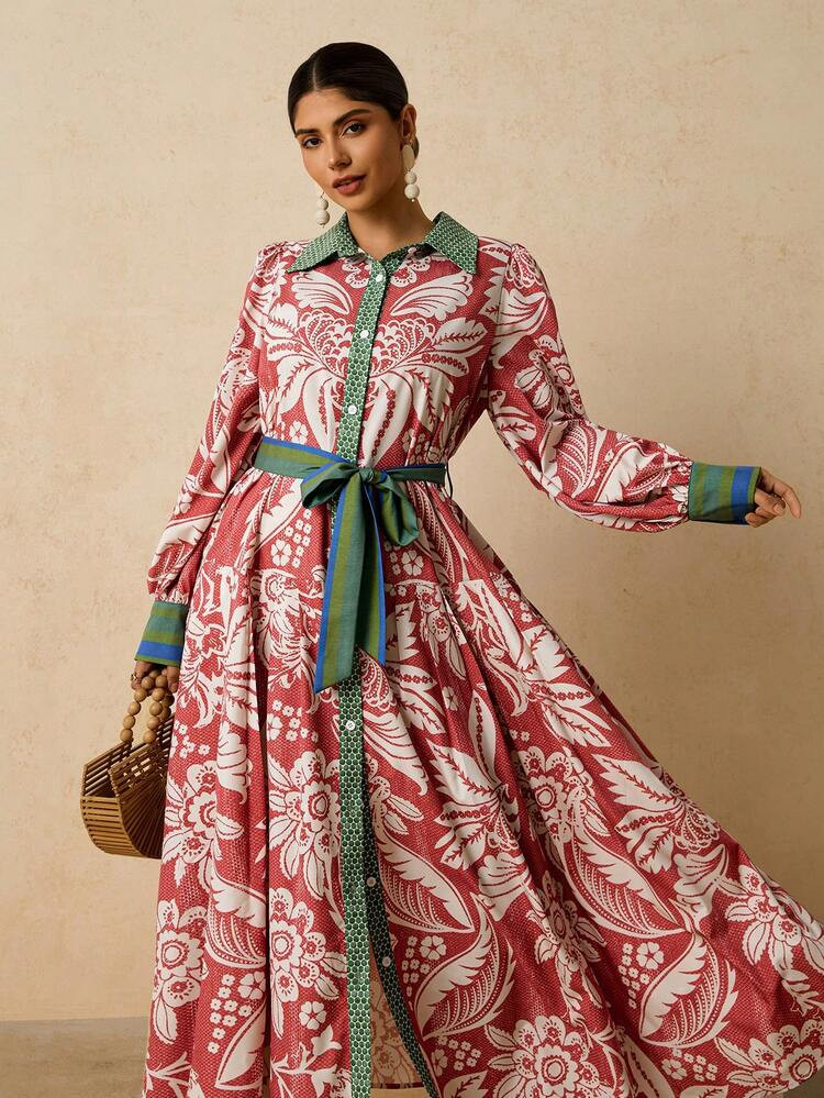 Travachic Plus Size Women Bohemian Floral Print Long Sleeve Shirt Dress, Casual Holiday Maxi Dres... | SHEIN