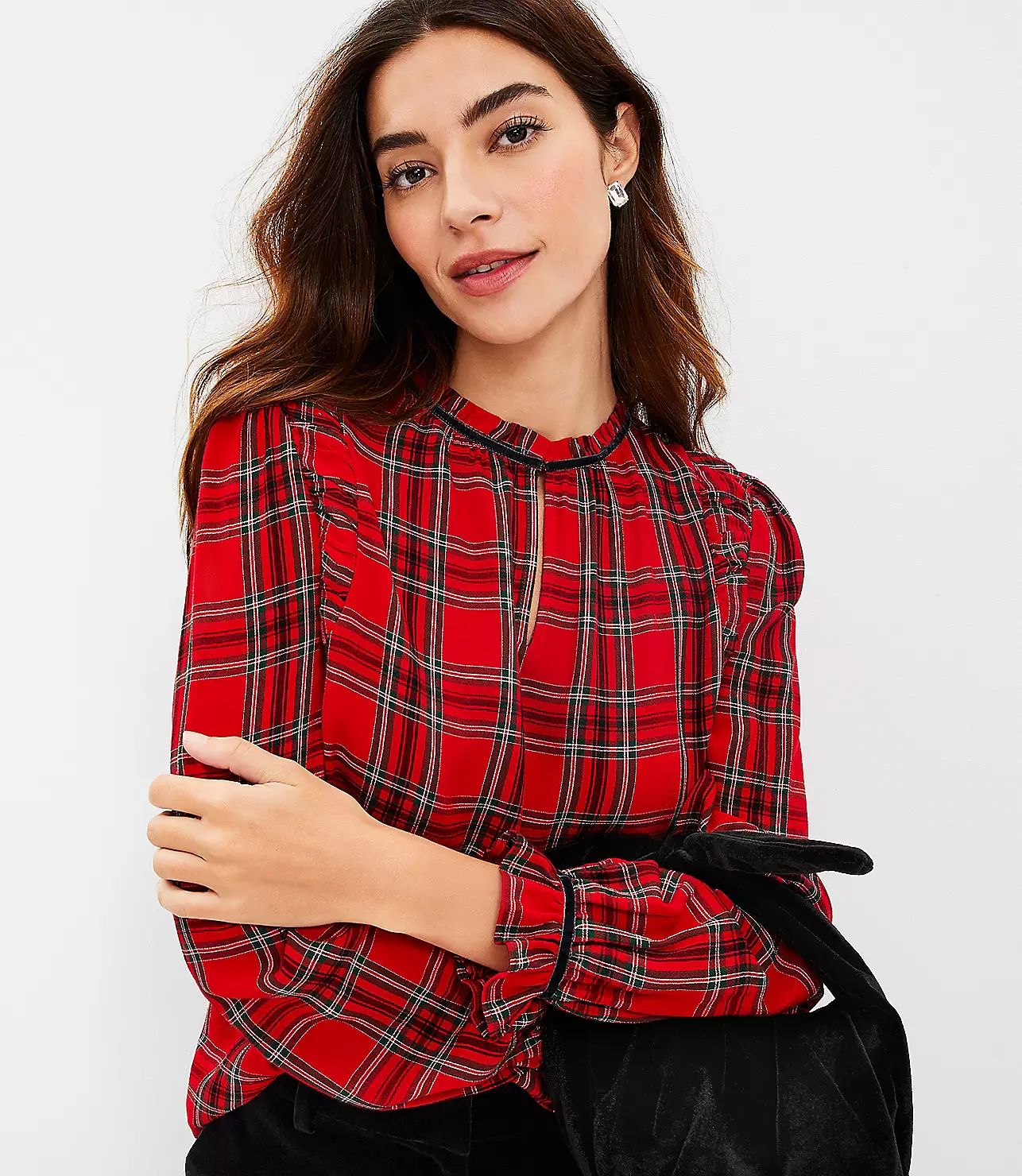 Plaid Ruched Ruffle Neck Blouse | LOFT