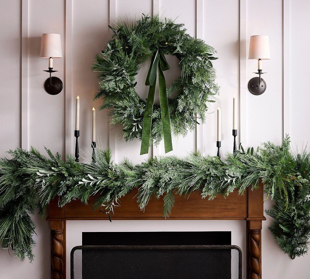Faux Lit Dusty Olive Wreath & Garland | Pottery Barn (US)