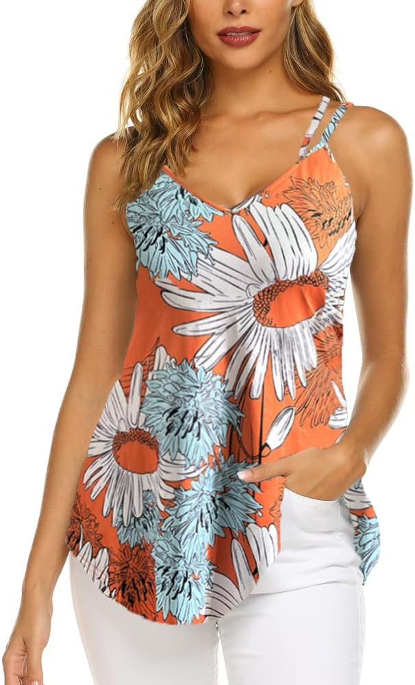 OURS Women's Casual Floral Print Double Spaghetti Strap Tunic Tops Summer V Neck Paisley Sleeveless  | Amazon (US)