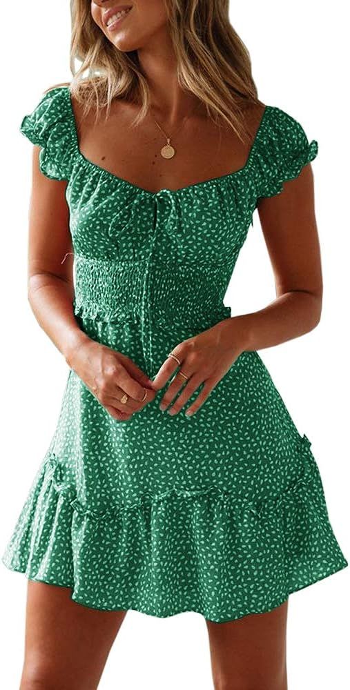 YOBECHO Womens Summer Ruffle Sleeve Sweetheart Neckline Printing Dress Mini Dress | Amazon (US)