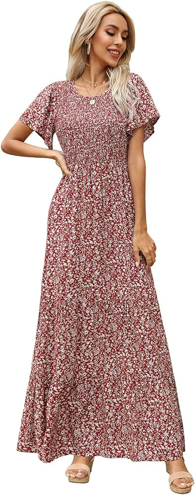 Kranda Women Summer Dress Round Neck Flutter Short Sleeve Smocked Ruffle Tiered Floral Maxi Dress... | Amazon (US)