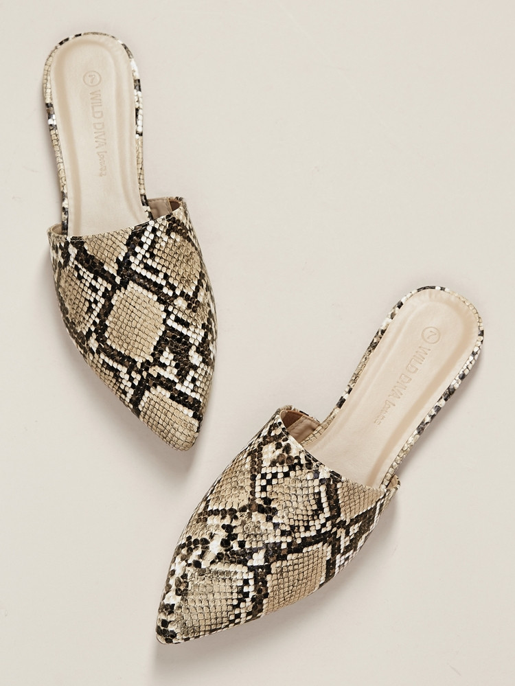 Pointed Toe Snakeskin Flat Slide Mules | SHEIN