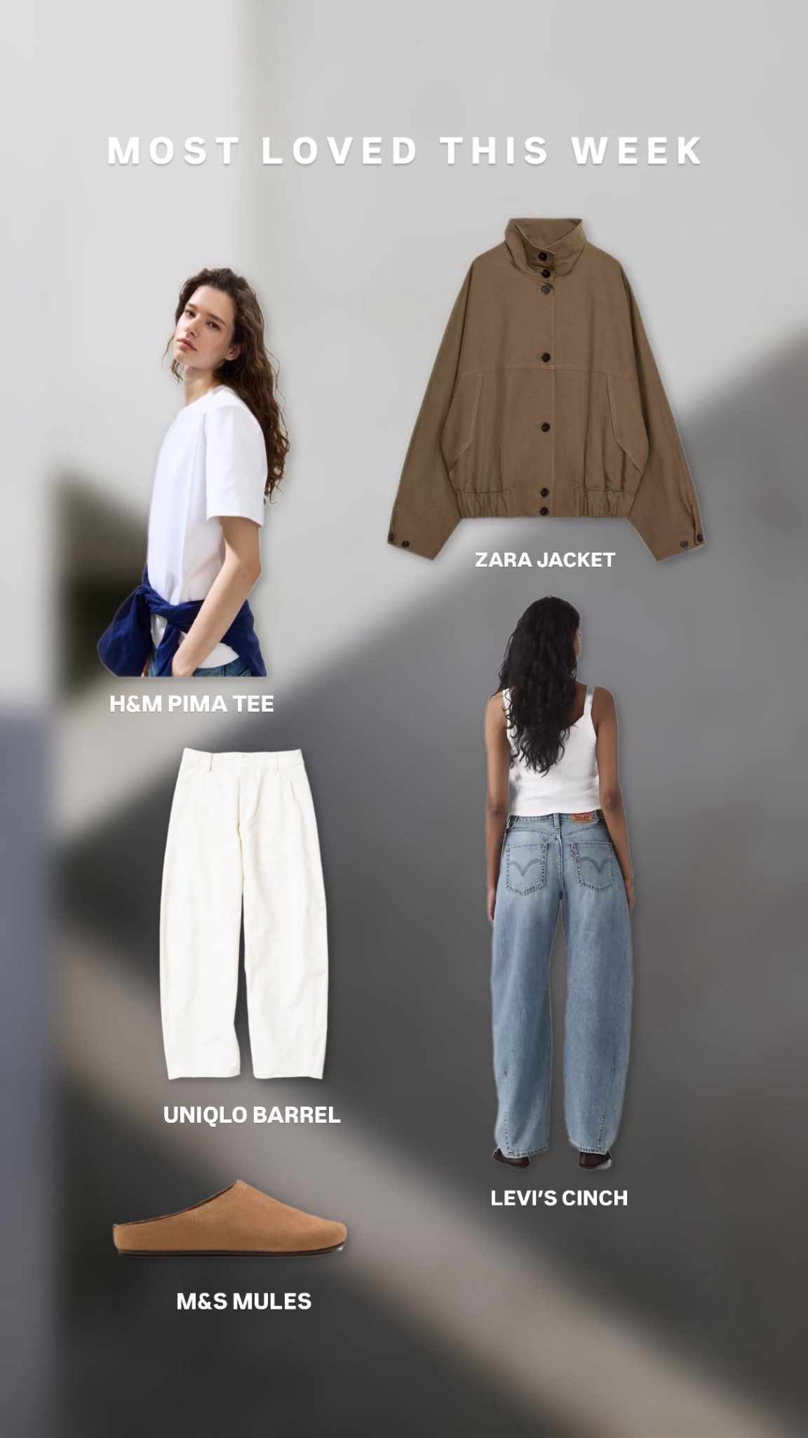 Most loved this week

H&M Pima Cotton T-shirt 
Zara Spring jacket
Uniqlo’s barrel leg trousers
Levi’s cinch barrel leg jeans
Marks & Spencer suede mules

All perfect additions for a transitional spring capsule wardrobe #zara 

#LTKspring #LTKuk #LTKjeans