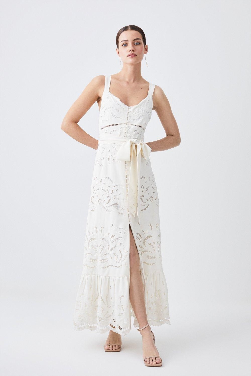 Petite Mirrored Cutwork Strappy Embroidered Woven Maxi Dress | Karen Millen US
