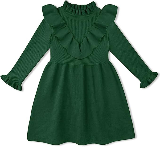BesserBay Toddler Girls Warm Ruffle Trim Ribbed Knit Sweater Dress for 6M-6T | Amazon (US)