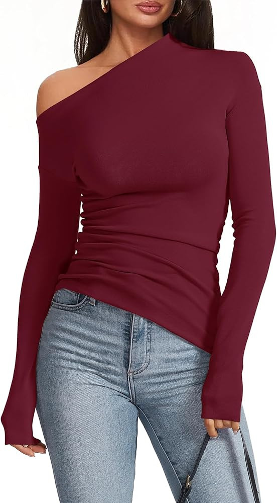 Women's Sexy Off Shoulder Tops Dressy Long Sleeve Asymmetrical Slim Fit Going Out Fall Blouse Ruc... | Amazon (US)