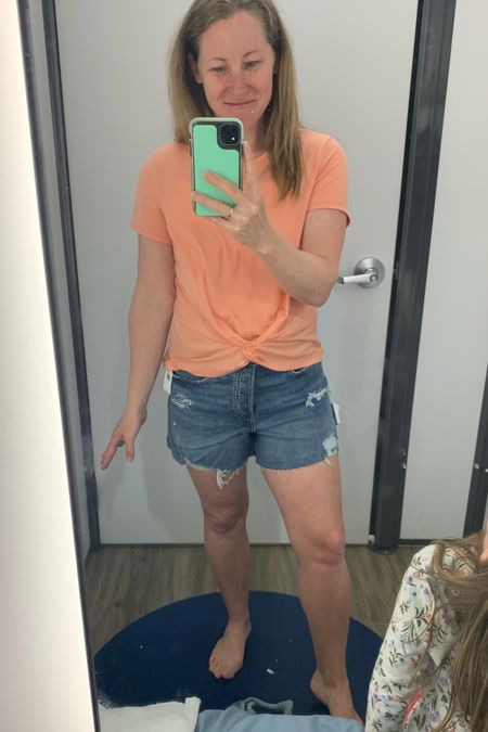Finally went in to a store to try on clothes and found a good denim short size. 
*OldNavy A-Line cut off denim shorts (no longer available online but tons in store), high waisted button fly and super stretchy. Linking similar styles. 
*Plus this Academy Shirt is like butter!! Couple of fun colors too! 

#LTKstyletip #LTKfit