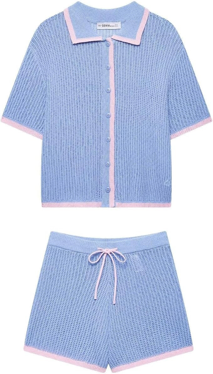 VCM Sweater Set Polo Shirts Short Sleeve Polo Sweater V Neck Knitted Tops High Waisted Lounge Sho... | Amazon (US)