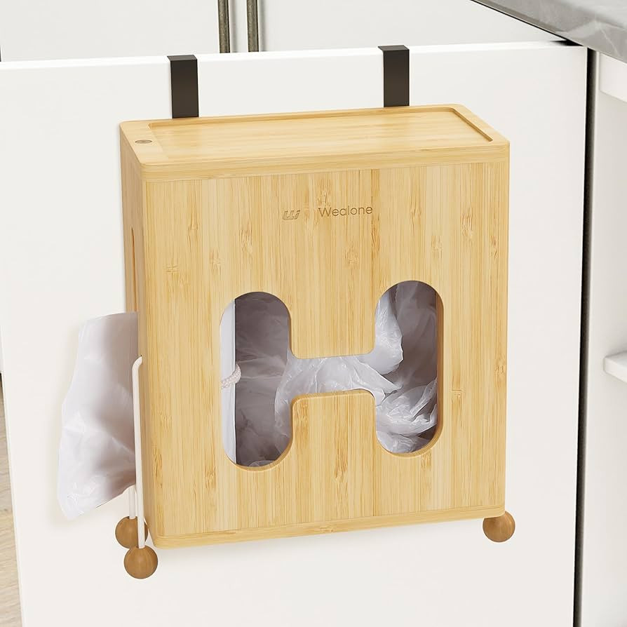 2-in-1 Grocery Bag Holder & Trash Bag Dispenser - Adjustable Bamboo Garbage Plastic Bag Roll Stor... | Amazon (US)