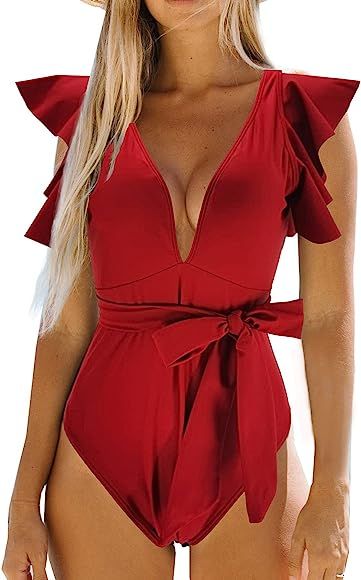 Binlowis Deep V Neck Flounce One Piece Swimsuit Ladies Floral Print Plunging Beachwear Bathing Su... | Amazon (US)