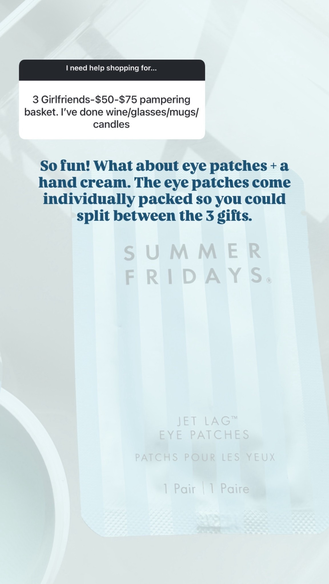 A great pampering gift bundle would be eye patches and hand lotion! I linked these Summer Friday eye patches that I have, and I linked several different hand cream brands! 

Loverly Grey, friend gift ideas, beauty gifts, self care gifts, eye patches, hand cream, hand lotion 

#LTKHoliday #LTKGiftGuide