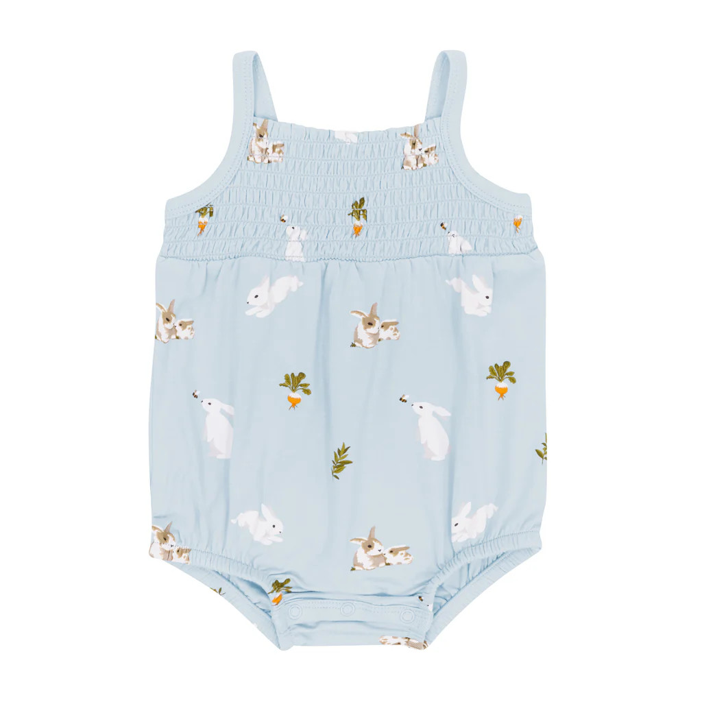 Smocked Bubble Romper in Ice Rabbit | Kyte BABY