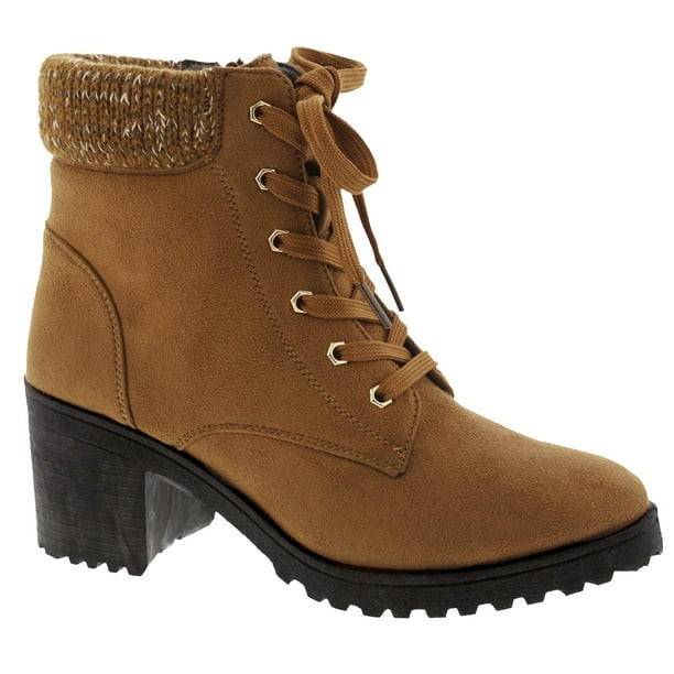 SNJ Women's Chunky Block Mid Heel Combat Lace Up Ankle Bootie - Walmart.com | Walmart (US)