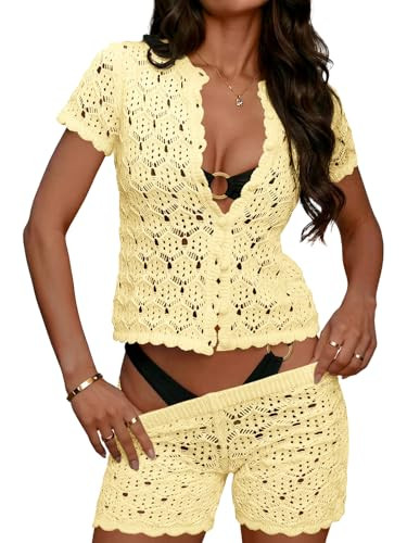 Fisoew Womens Crochet Coverups 2 Piece Outfits Short Sleeve Button Crop Tops Beach Shorts Summer ... | Amazon (US)