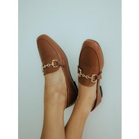 Brown Leather Square-Toe Loafers - Gold Hardware, Thin Sole, Handmade Women's Flats | Etsy (US)