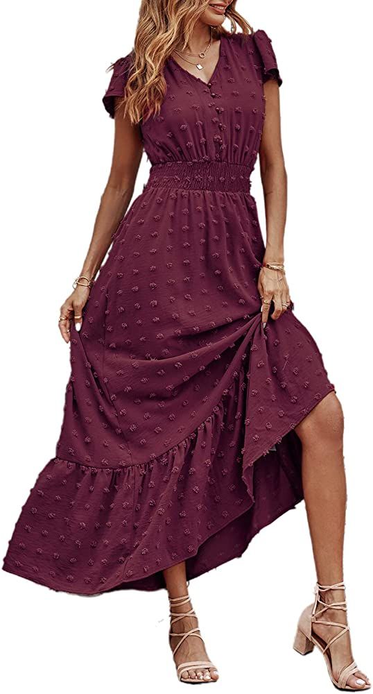 PRETTYGARDEN Women's Boho Short Sleeve V Neck Ruffle Tiered Maxi Dress Swiss Dot Smocked Dress Beach | Amazon (US)