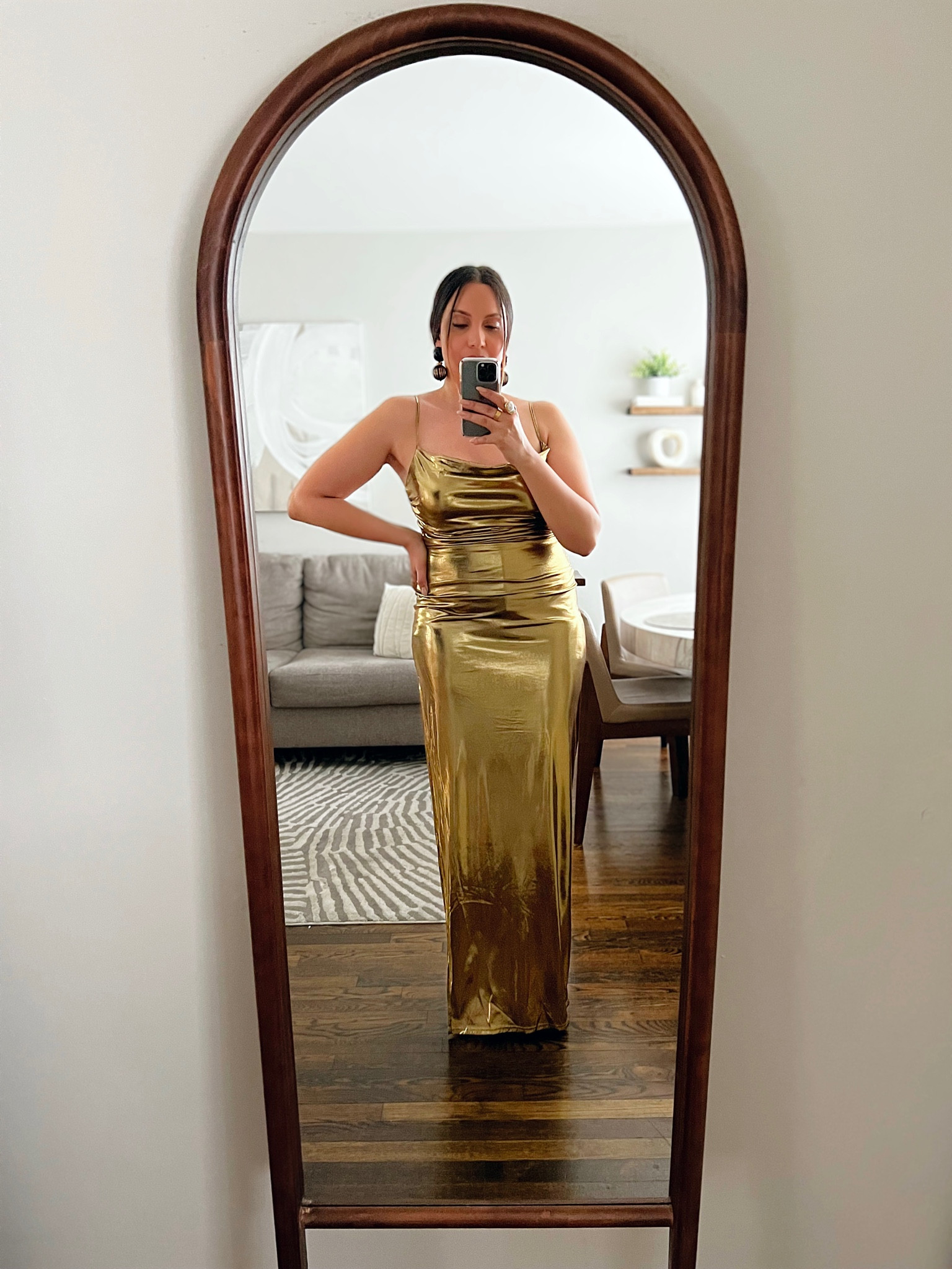 Gold metallic cowl split leg maxi dress hotsell