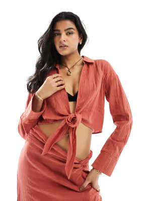 ASOS DESIGN cheesecloth knot front shirt co ord in terracotta  | ASOS | ASOS (Global)