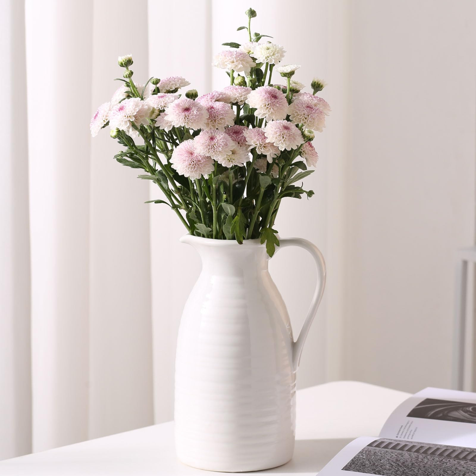 hjn Farmhouse Pitcher Vase for Flowers- Ceramic Pitcher White Flower Vase for Your Kitchen/Home D... | Amazon (US)
