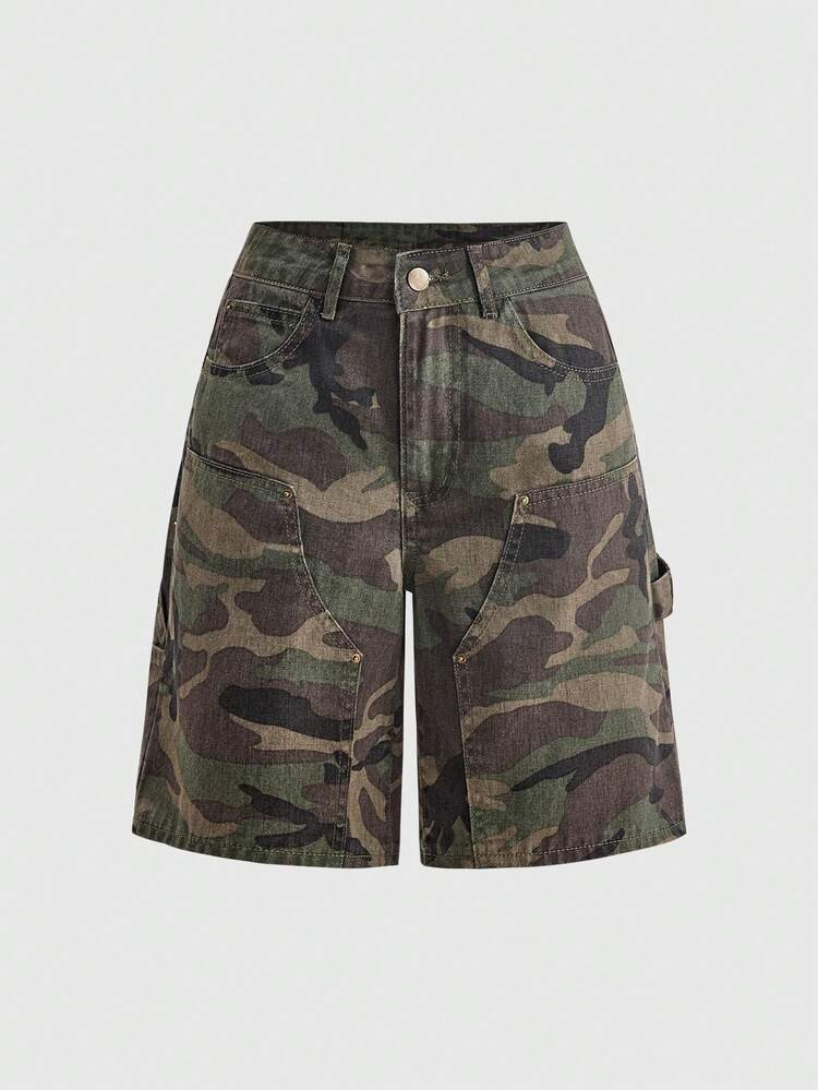 ROMWE Street Life Women's Fashion Street Camouflage Print Button Pocket Denim Shorts | SHEIN