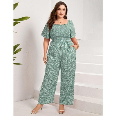 Women's Plus Size Wide Leg Jumpsuit Summer Square Neck Smocked Bodice Tie Waist Short Sleeve Casual Outfits Floral Green 2XL | Target