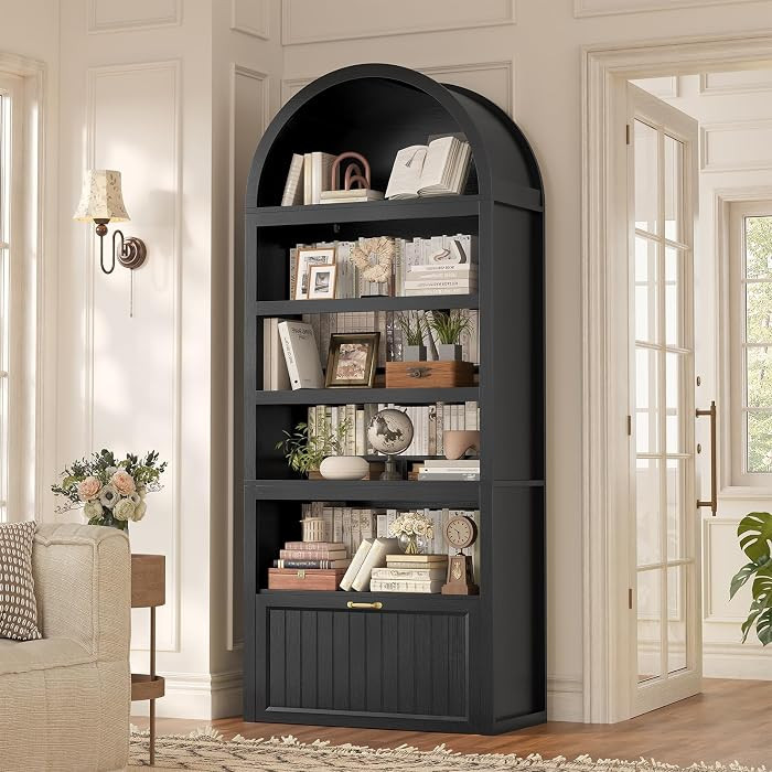 81" Tall Arched Cabinets,Bookcase with Drawer storage,Mid-Century Modern 5-Tier Bookshelf,2 Book ... | Amazon (US)