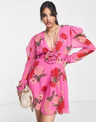 ASOS DESIGN long sleeve mini dress with neck ties and corsage in pink floral print | ASOS (Global)