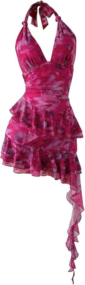 Verdusa Women's Summer Dress Y2k Halter Mini Dress Mesh Backless Dress Floral Ruffle Dress Weddin... | Amazon (US)