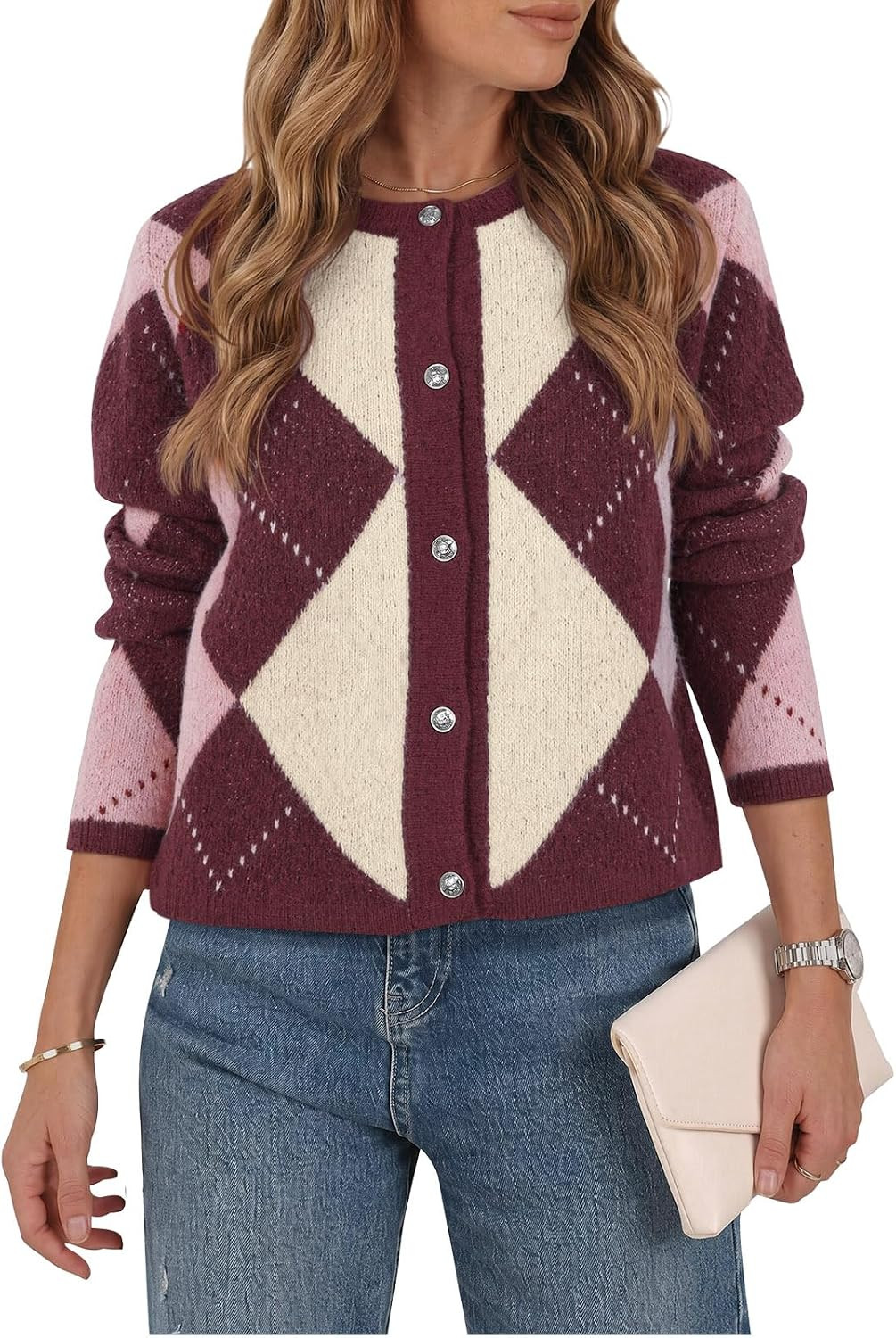 Saodimallsu Womens Color Block Argyle Cardigan Crew Neck Knit Sweater Tops | Amazon (US)