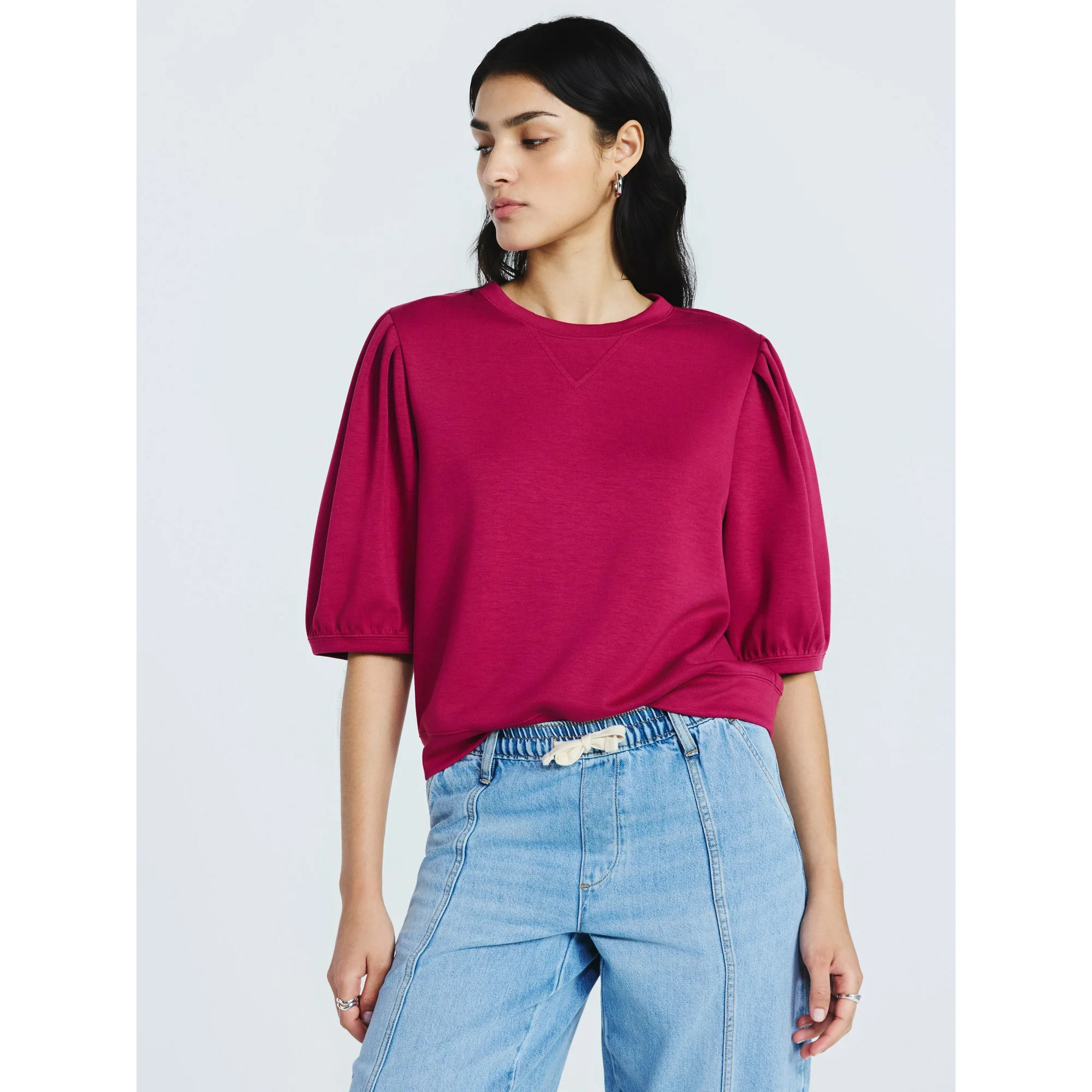 Scoop Women's and Women's Plus New Scubaknit Pleated Sleeve Top, Sizes XS-4X | Walmart (US)