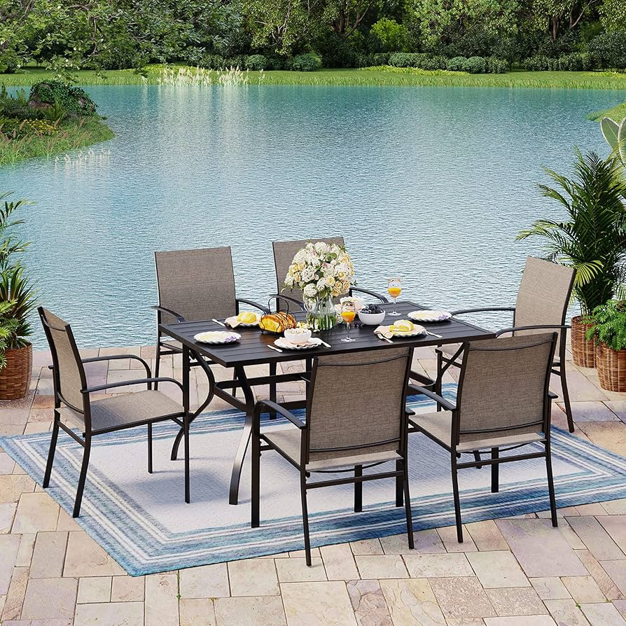 MIXPATIO Outdoor Patio Dining Set 7 Piece Furniture Set with 6 Brown Textilene Chairs and Metal R... | Amazon (US)