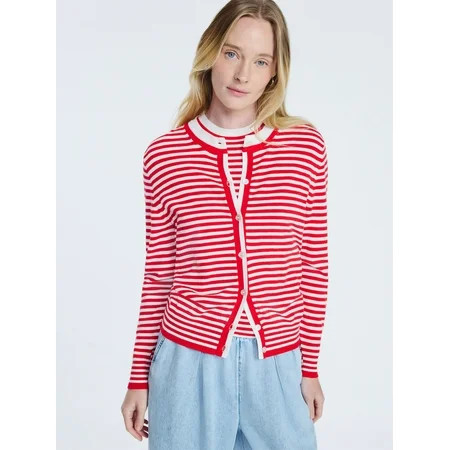 Free Assembly Women s Cozy Yarn Classic Striped Cardigan Sweater Lightweight Sizes XS-XXL | Walmart (US)