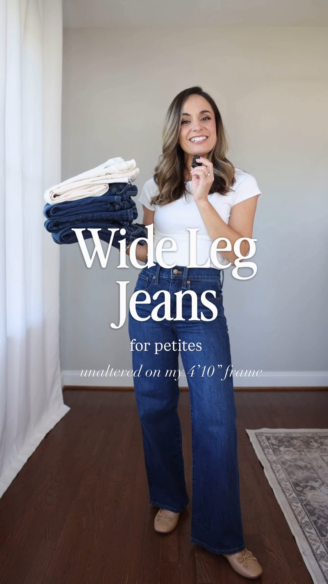 A look at the wide leg jeans I included in the capsule, plus a few other options. 

J.Crew Factory Classic Wide Leg: petite 24 / 10” rise / 28” inseam 
Madewell PV Wide Leg: petite 24 / 10 3/8” rise / 28” inseam
Madewell PV Crop Wide Leg: classic 24 / 10 3/4” rise / 27” inseam (petite 10 3/8” rise / 25” inseam) 
Bella Wide: 24 short in midnight blue / 10.5” rise (starting at 10” in smaller sizes) / 28” inseam 
Bella Relaxed Straight 24 short in stormy blue / 10.5” rise (starting at 10” in smaller sizes) / 28” inseam / extra short has a 26” inseam 

Top: xs

For size comparison, I’m 4’10” 105lbs. My measurements are 32”, 24”, 36”. I typically wear petite xxs/00/24 and have a 25” ankle inseam and a 27.5-28” full length inseam.

#LTKPetite