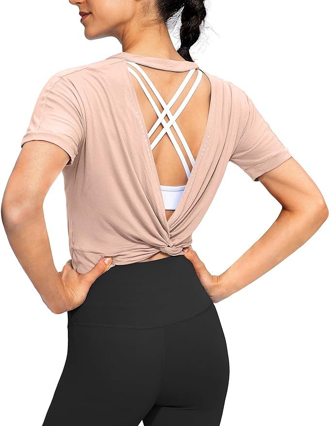 Women's Backless Workout Tops Short Sleeve Gym Shirts Soft Open Back Yoga Athletic Crop Tops for ... | Amazon (US)