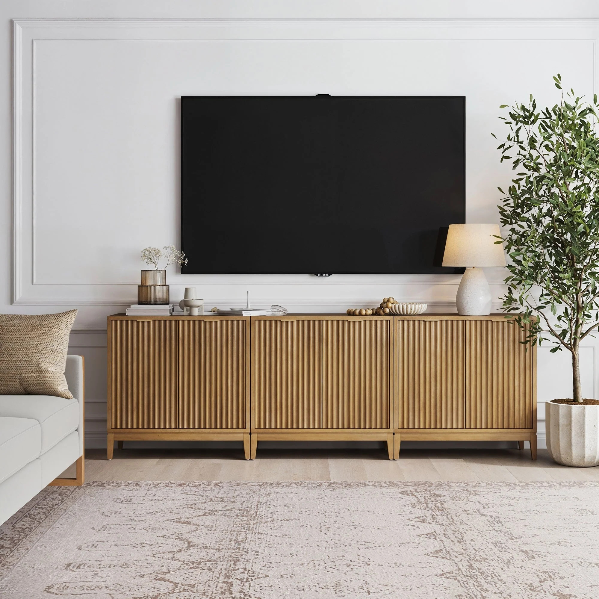 Mid-Century Fluted TV Console Credenza Light Brown (Set of 3) | Nathan James
