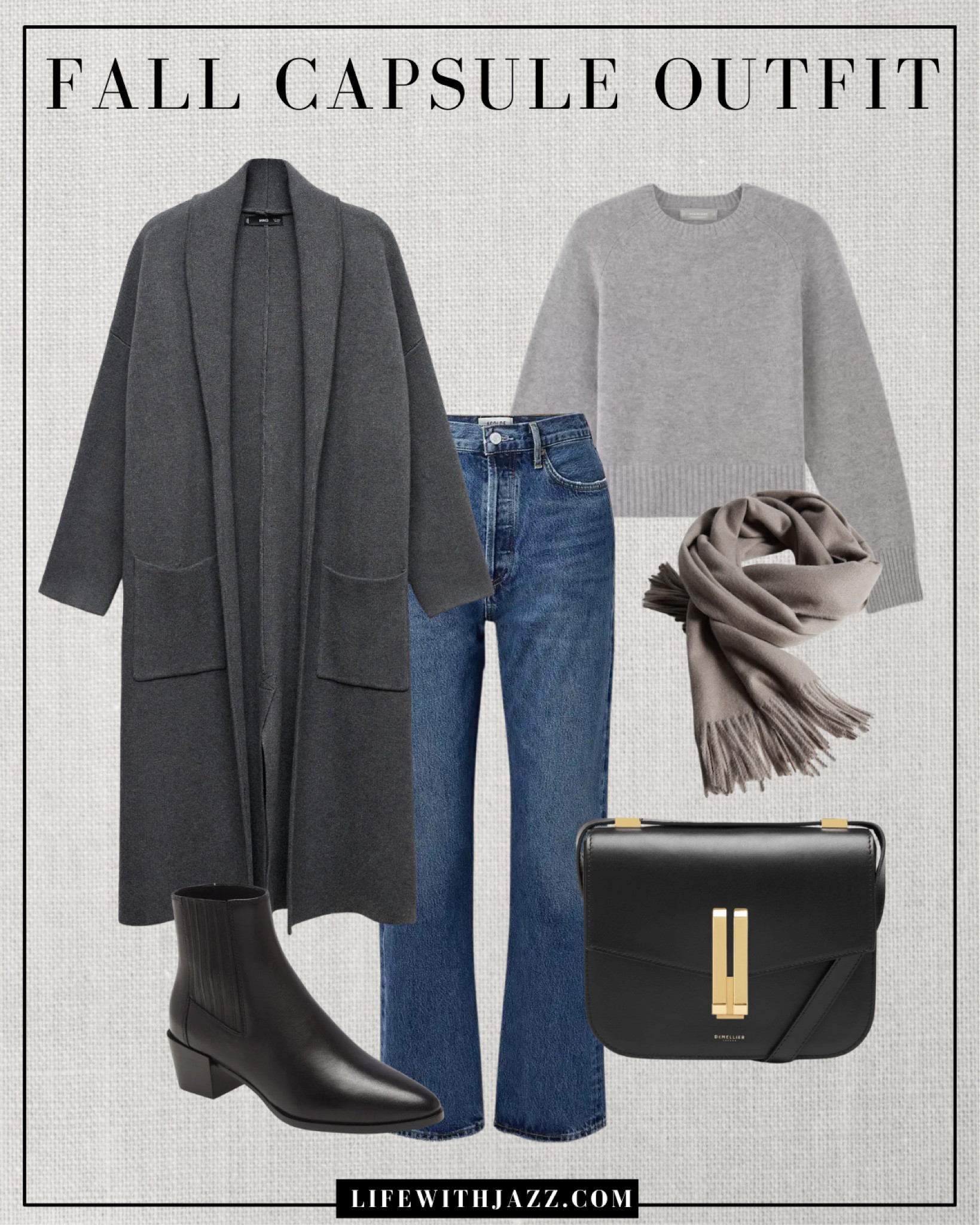 Fall capsule outfit 🤎 

Gray coatigan / gray cashmere sweater / blue ankle jeans / gray scarf / black booties / demellier bag / smart casual / aritzia/  Madewell / Nordstrom / fall style / fall fashion / fc24

#LTKStyleTip #LTKSeasonal