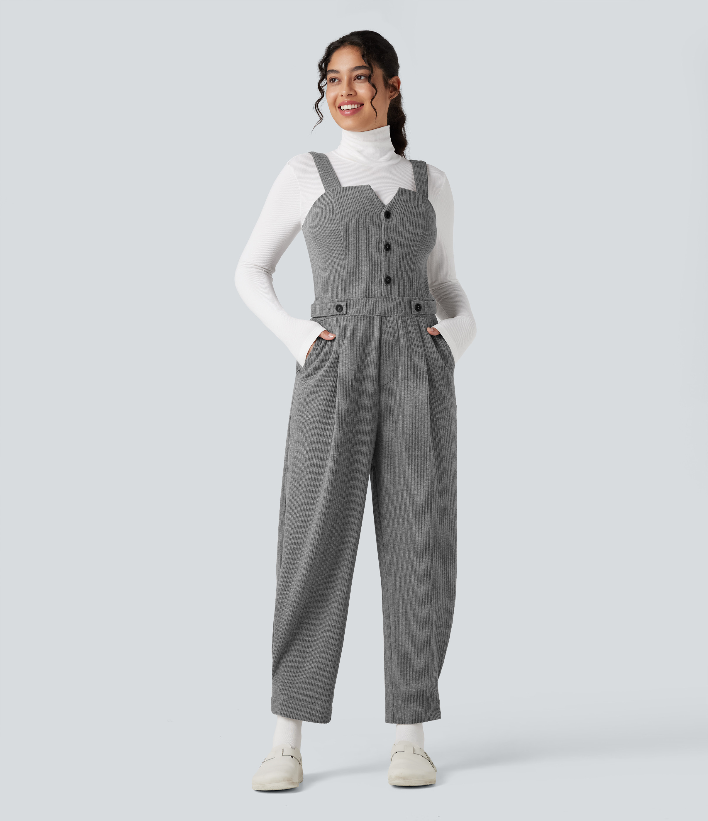 Halara Ribbed Casual Overalls with Pockets - Mockingbird - M(regular) | HALARA