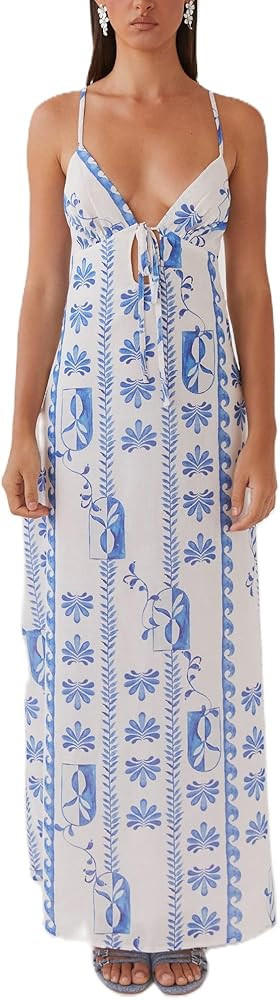 Women V Neck Cut Out Spaghetti Strap Long Dress Tie Up Bow Backless Bodycon Maxi Dress Party Wedd... | Amazon (US)