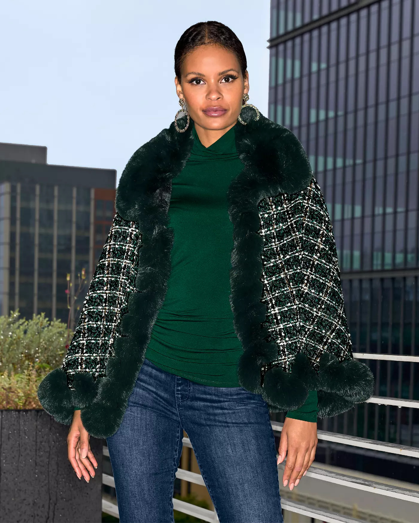Faux Fur Trim Tweed Shawl - Deep Emerald | Boston Proper | Boston Proper
