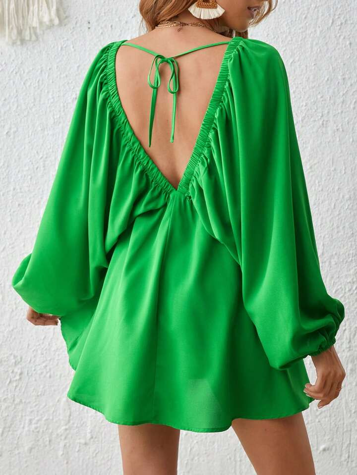 SHEIN VCAY Plunging Neck Lantern Sleeve Ruched Bust Dress | SHEIN