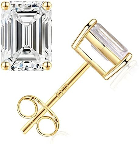 S925 Sterling Silver Stud Earrings Set for Women, Emerald Cut Simulated Diamond Stud Earrings Hyp... | Amazon (US)