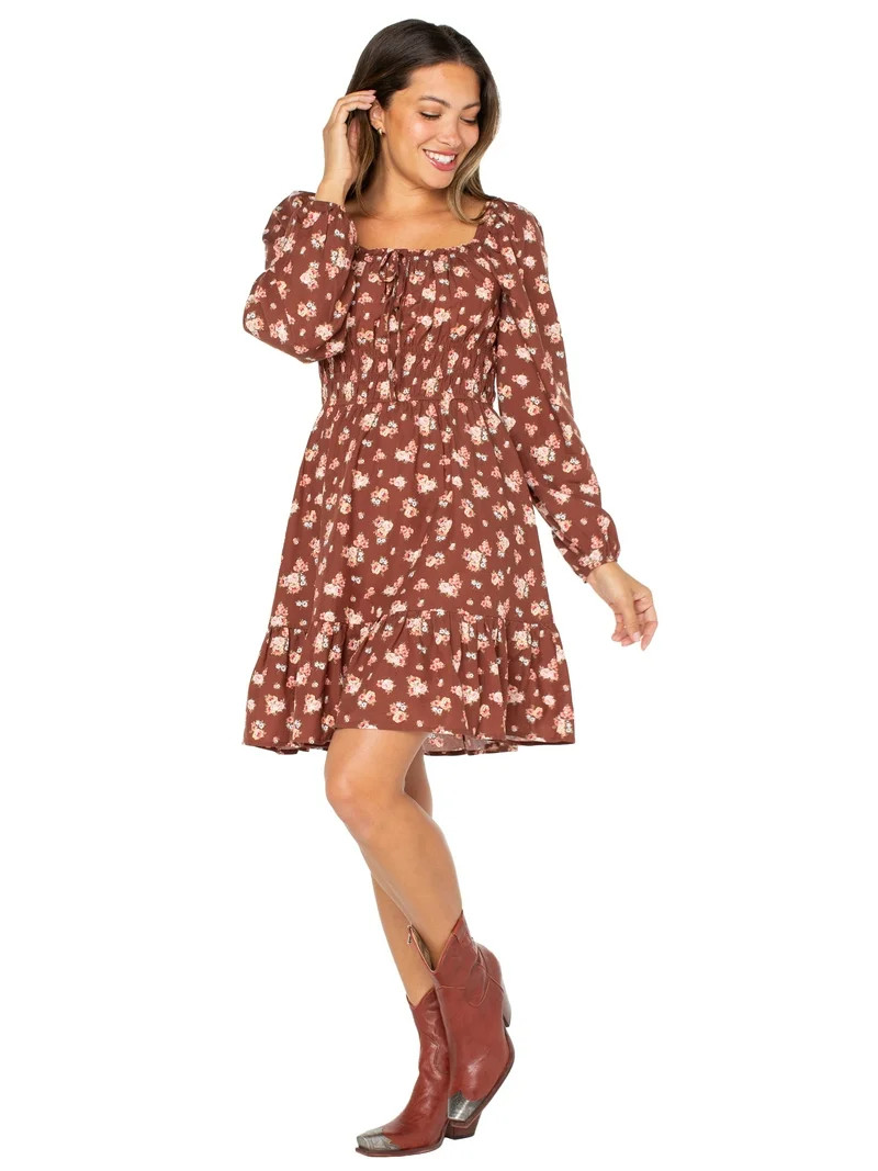 Celebrity Pink Women’s and Women’s Plus Floral Print Babydoll Dress with Long Sleeves, Sizes ... | Walmart (US)